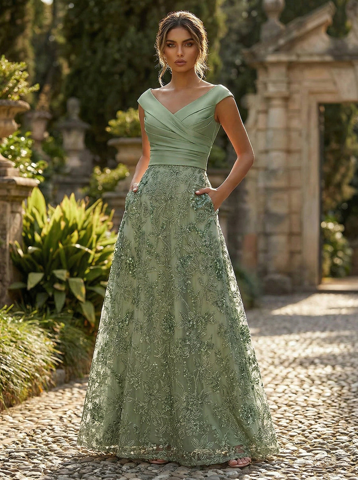 A-Line Floral Sequin Lace Floor-Length Mother of the Bride & Groom Dresses with Ruched Satin Bodice (SHI22500639)