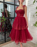 Vestido de Tule Vermelho Escuro com Brilhos para Baile de Regresso a Casa