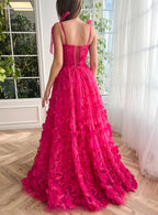 Elegantes A-Linien-Ballkleid aus 3D-Blumenspitze mit Schlitz in Fuchsie