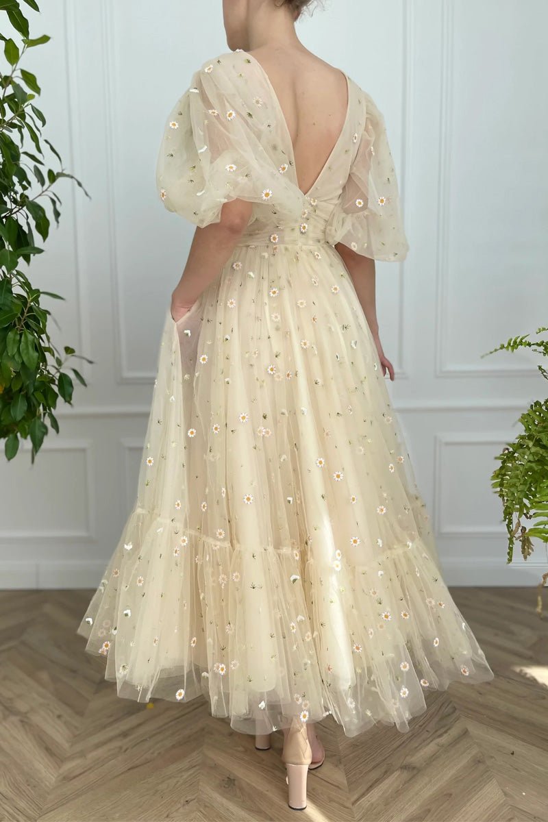 A-line V Neck Sea of Daisies Dress Engagement Ankle Length Half Sleeve High Neck Tulle with Buttons Pleats