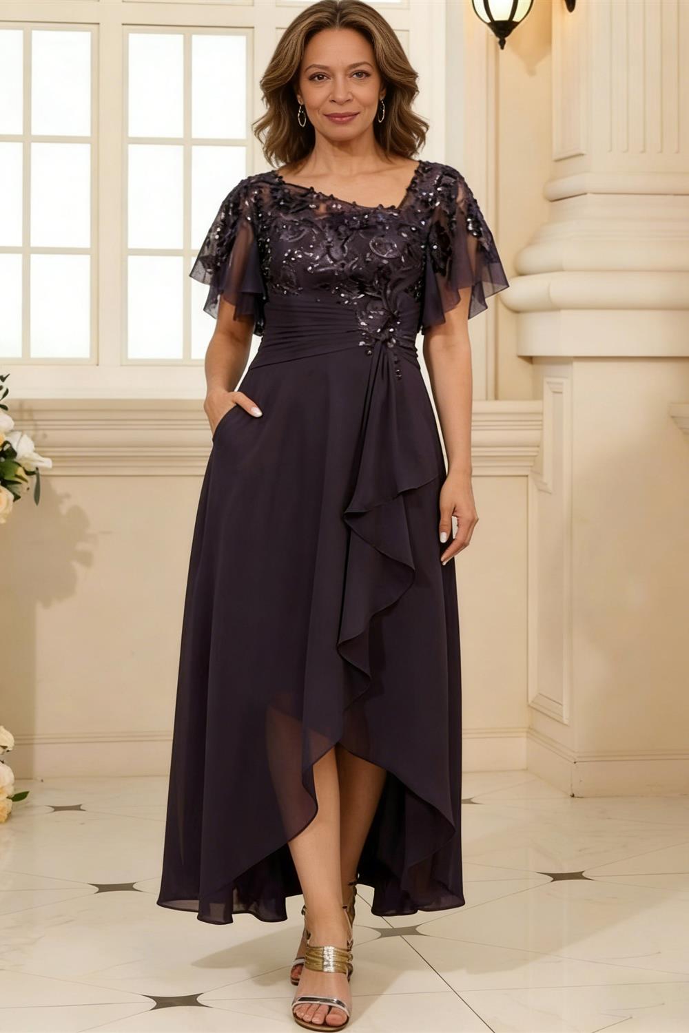 Floral Print A-Line/Princess Scoop Neck Floor-Length Mother of the Bride & Groom Dresses with Ruched Waist & Pockets (SHI22501125)