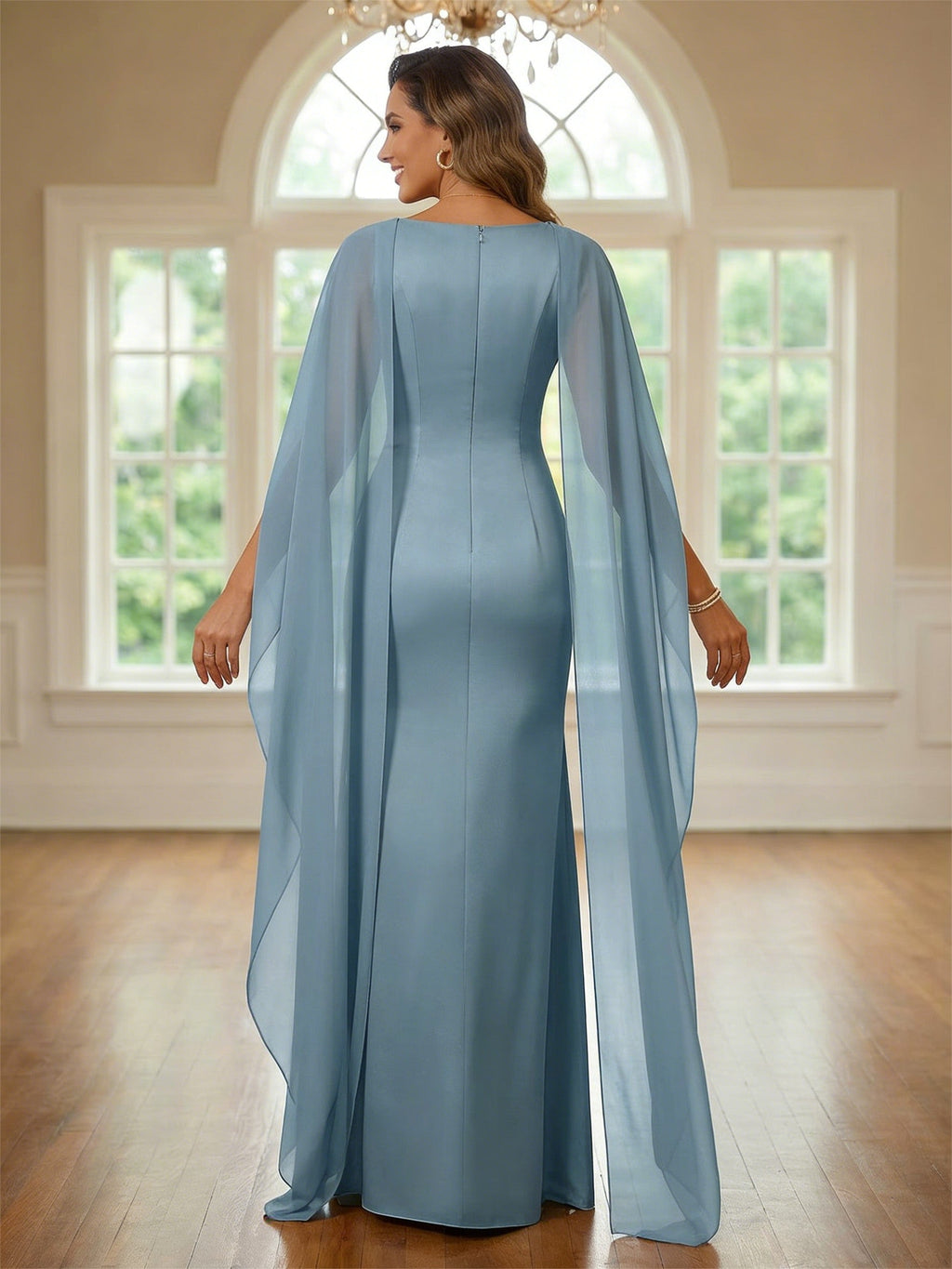 2-Piece A-Line Chiffon 3/4 Sleeves Mother of the Bride & Groom Dresses with Scalloped V-Neck Lace Bodice (SHI22500637)