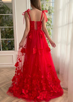 Scharlachrotes A-Linien-Ballkleid mit 3D-Blumen und Schlitz