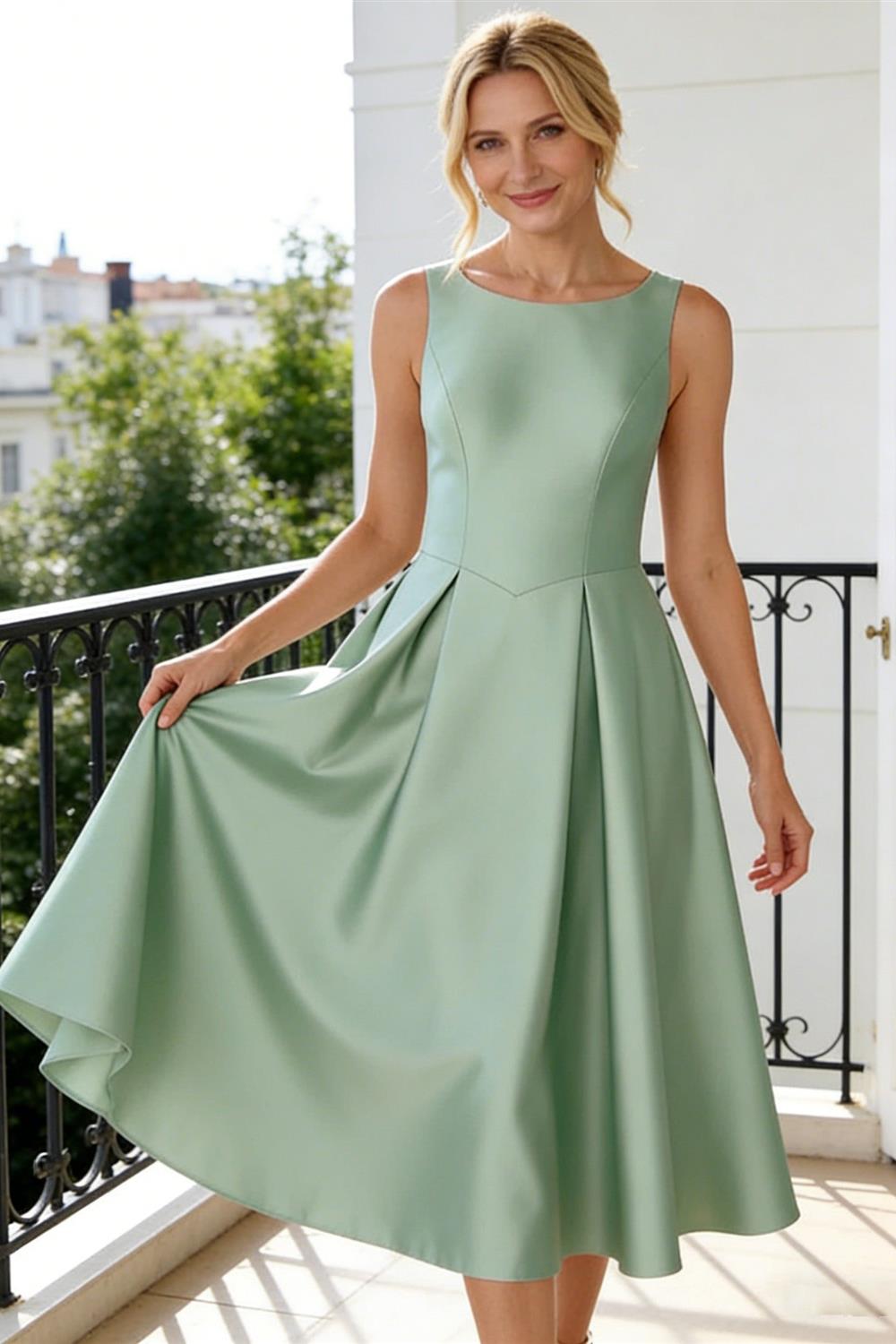 A-Line/Princess Scoop Neck Satin Tea-Length Mother of the Bride Dresses with Pockets (SHI22500122)