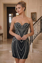 Sequin Bodycon Strapless Short Homecoming Dresses with Corset & Ruched Waist (SHI24200411)