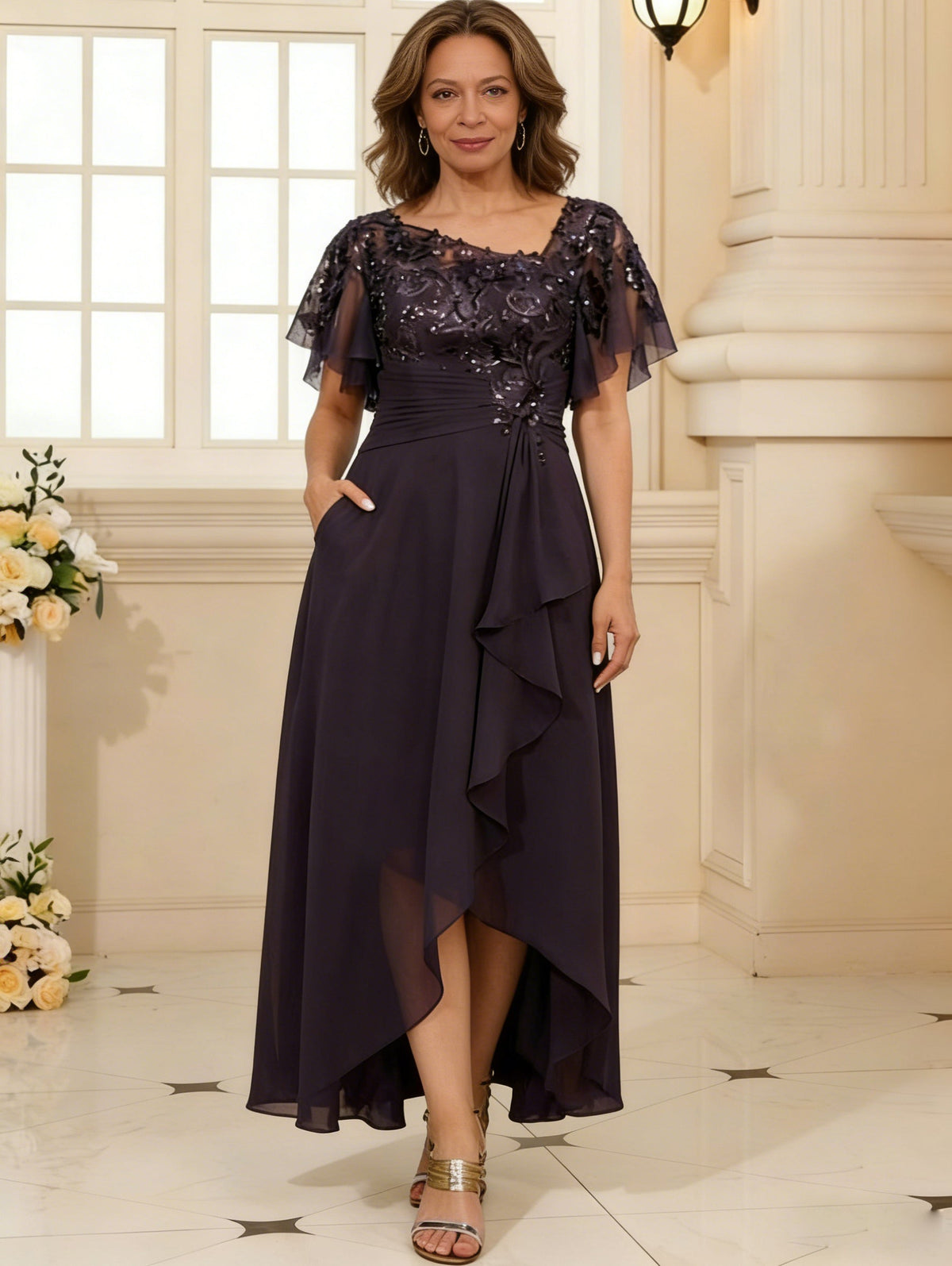 Floral Print A-Line/Princess Scoop Neck Floor-Length Mother of the Bride & Groom Dresses with Ruched Waist & Pockets (SHI22501125)
