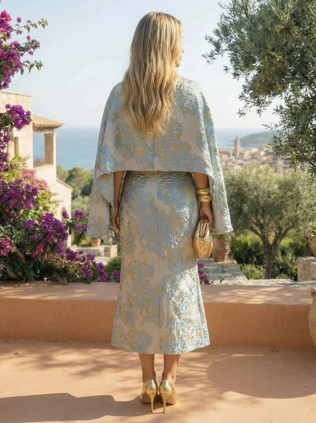 Cape Sleeve Jacquard Satin Ruched Mother of the Bride Dresses 2 Piece (SHI22500528)