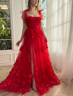 Scharlachrotes A-Linien-Ballkleid mit 3D-Blumen und Schlitz