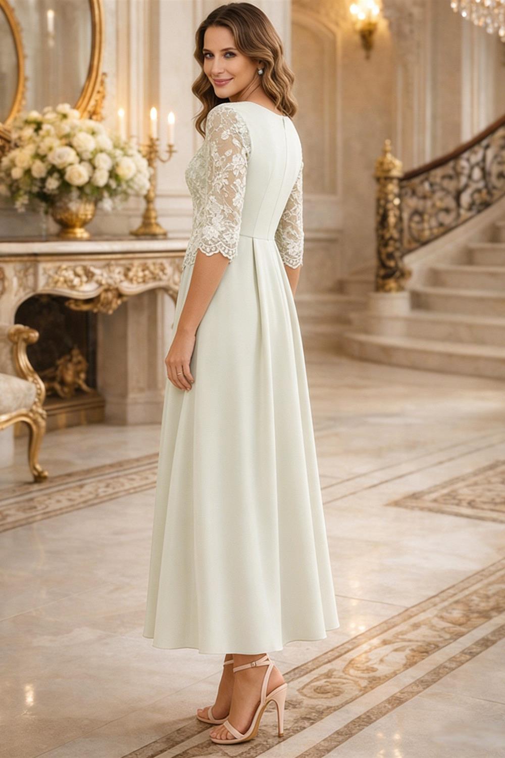 A-Line Metallic Satin Off Shoulder Bow Mother of the Bride & Groom Dresses with Floral Lace Appliques, Ruched Waist & Sweep Train (SHI22500425)