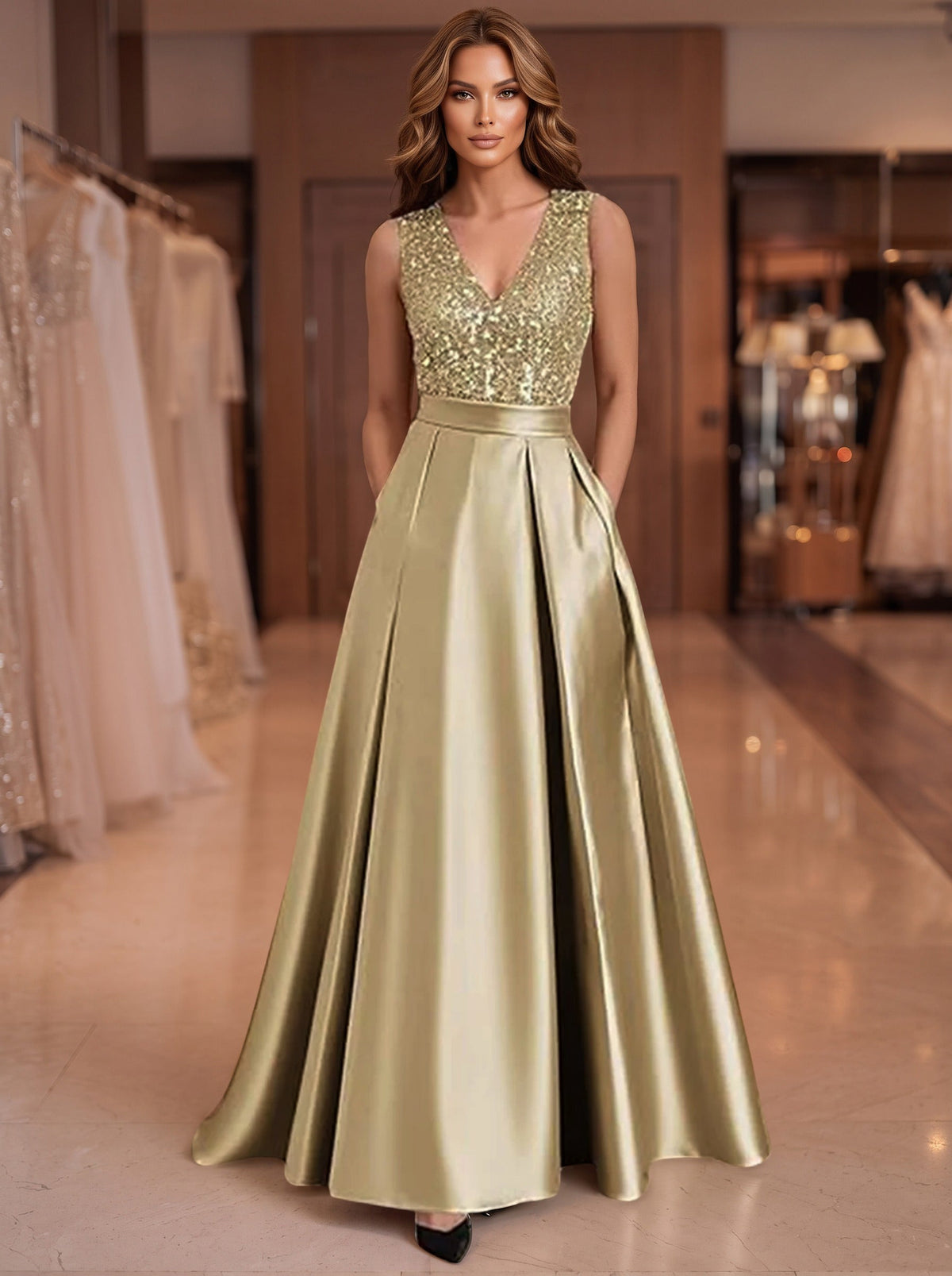 A-Line/Princess Scoop Neck Pleated Satin Evening Dresses with Sequins (SHI22500066)