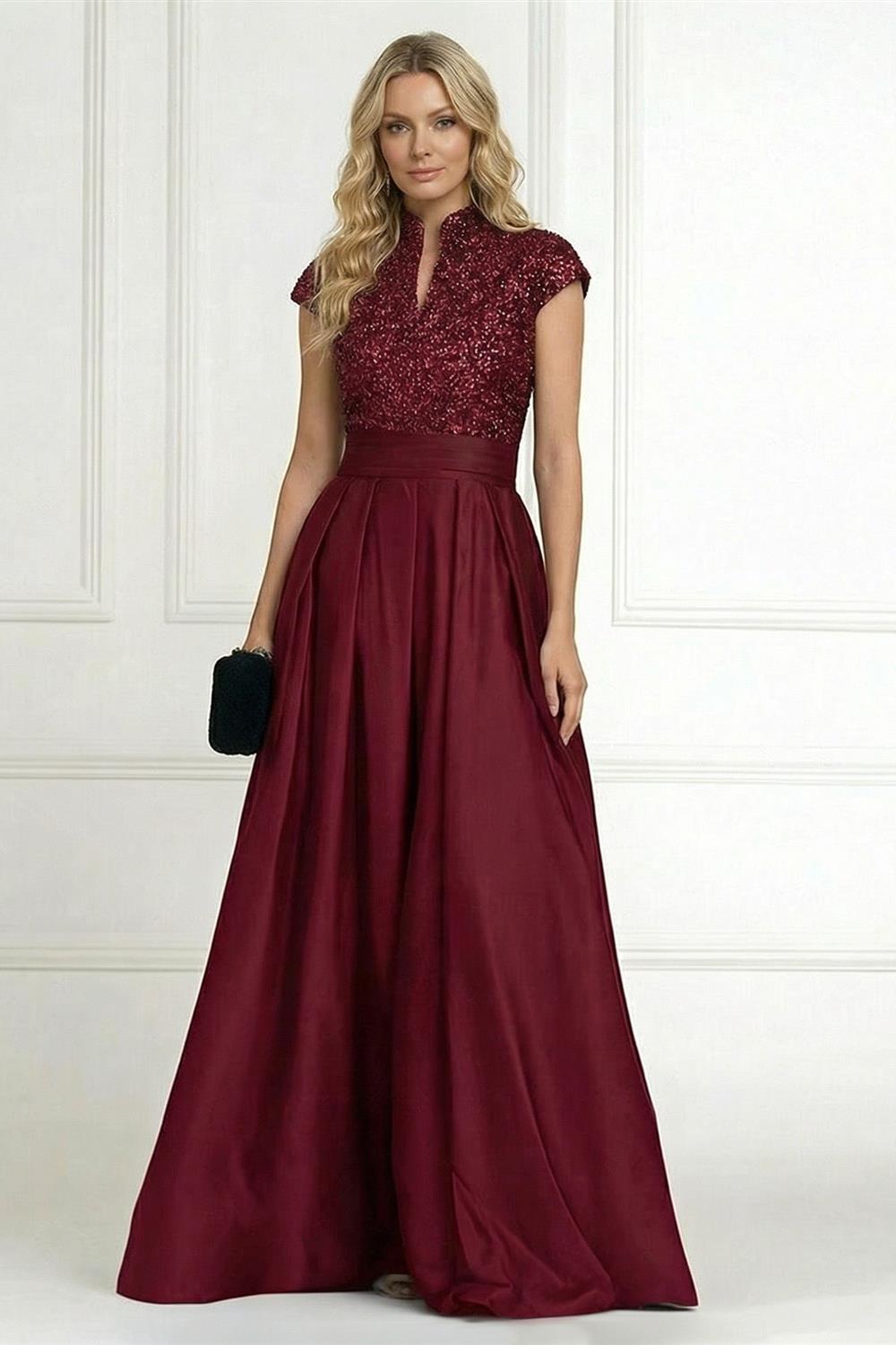 A Line/Princess Stand Collar Short Sleeve Long Elegant Mother of the Bride Dresses (SHI22500207)