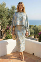 Cape Sleeve Jacquard Satin Ruched Mother of the Bride Dresses 2 Piece (SHI22500528)
