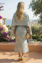 Cape Sleeve Jacquard Satin Ruched Mother of the Bride Dresses 2 Piece (SHI22500528)
