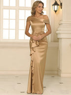 Sheath/Column Asymmetrical Pleated Satin Floor-Length Mother of the Bride Dresses with Ruffle (SHI22500107)