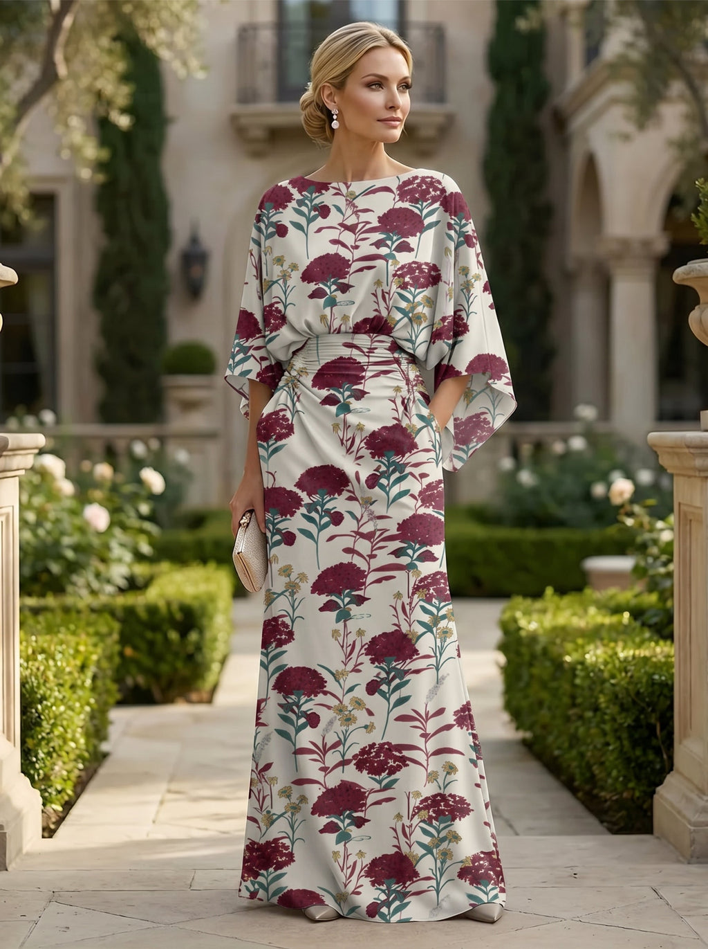 Sheath Chiffon Floral Print Cape Sleeves Mother of the Bride & Groom Dresses for Formal Wedding (SHI22500682)