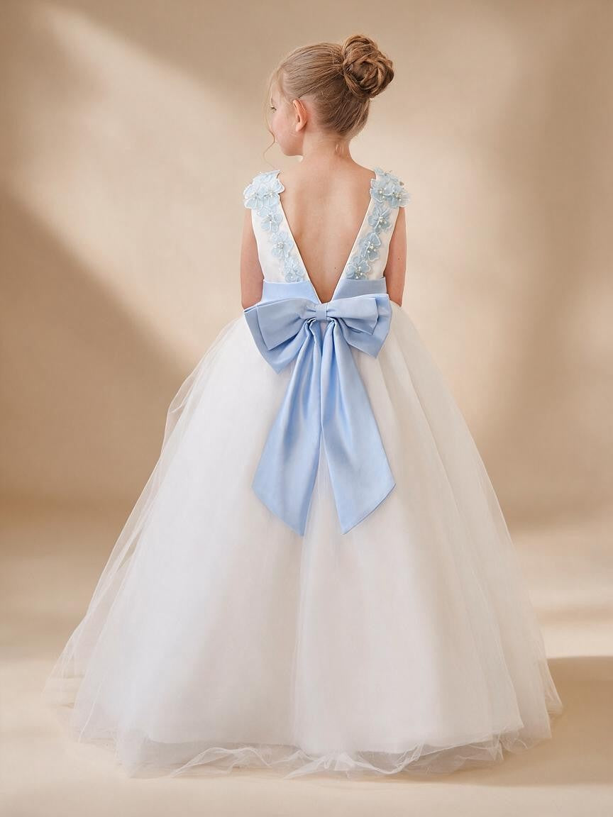 Ball-Gown Princess 3D Flower Tulle Floor-Length Ivory Flower Girl Dress
