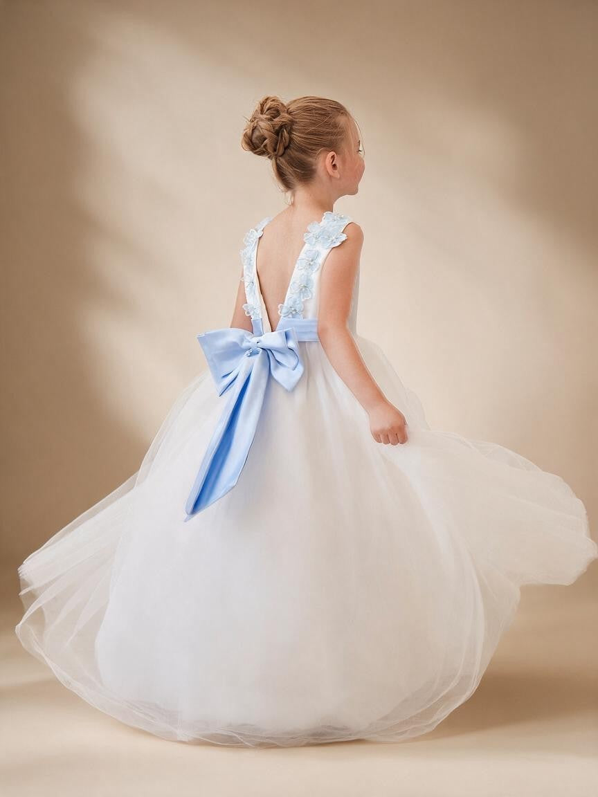 Ball-Gown Princess 3D Flower Tulle Floor-Length Ivory Flower Girl Dress