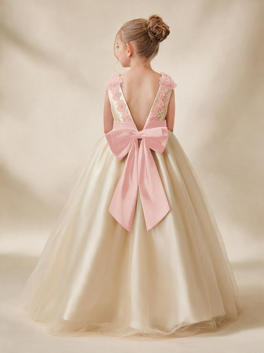 Ball-Gown Princess 3D Flower Tulle Floor-Length Ivory Flower Girl Dress