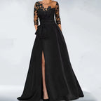 Robe de soirée en satin avec application de dentelle | Robe formelle à manches mi-longues et fente haute avec nœud