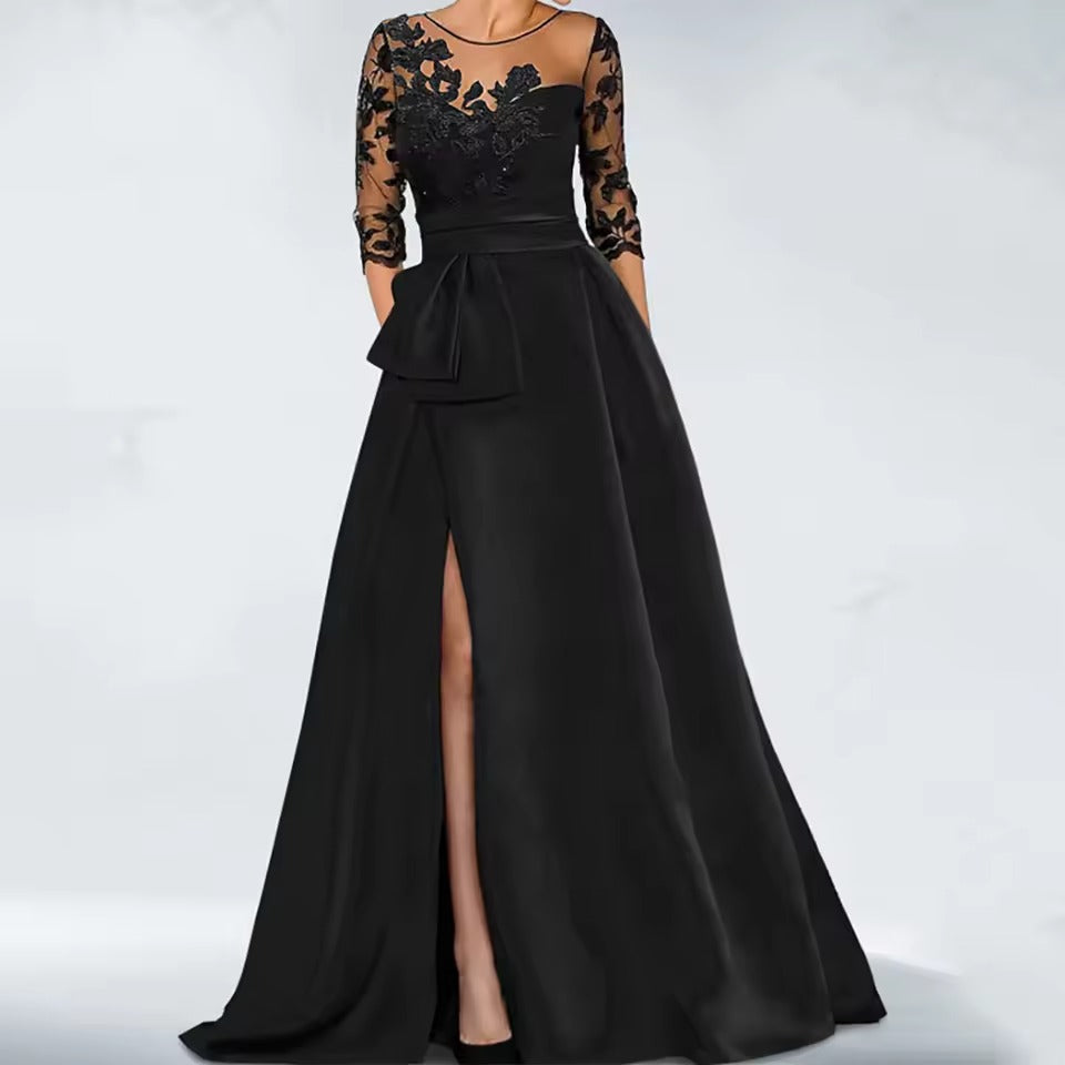 Vestido de Cetim para Noite com Aplicação de Renda | Vestido Formal de Manga Curta com Fenda Alta e Laço