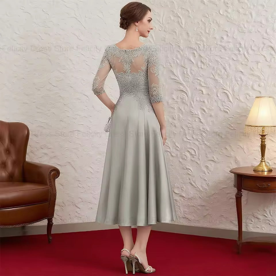Robe de soirée en satin mi-longue avec application de dentelle | Robe à manches mi-longues pour la mère de la mariée
