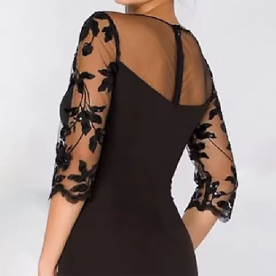 Vestido de Cetim para Noite com Aplicação de Renda | Vestido Formal de Manga Curta com Fenda Alta e Laço