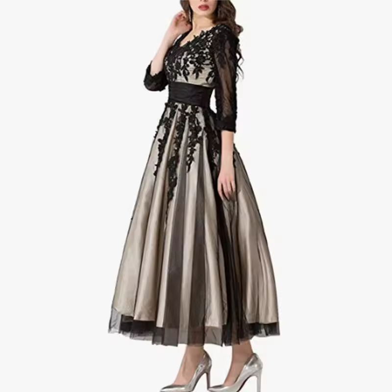 Vestido de Comprimento Médio em Dois Tons com Aplicação de Renda | Vestido Formal com Decote em V, Mangas até Meio Braço e Corset nas Costas