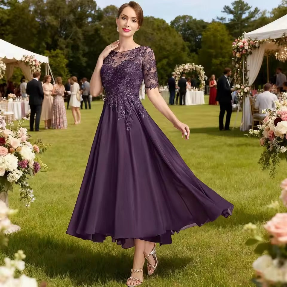 Vestido de noite de chiffon com aplicação de renda e comprimento até ao chá | Vestido de mãe da noiva com mangas até ao cotovelo