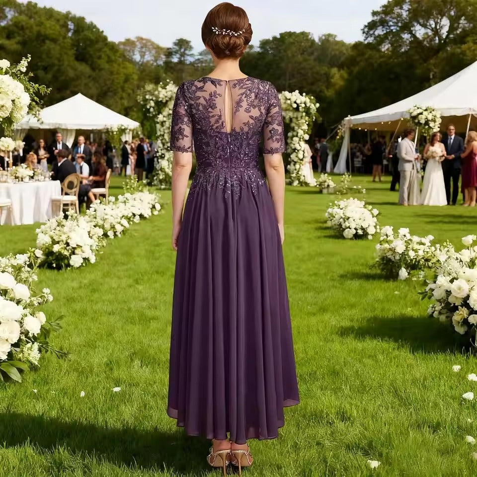 Abito da sera in chiffon con applicazioni di pizzo, lunghezza al tè | Abito per la madre della sposa con maniche a mezzo braccio