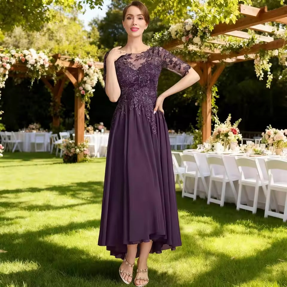Abito da sera in chiffon con applicazioni di pizzo, lunghezza al tè | Abito per la madre della sposa con maniche a mezzo braccio