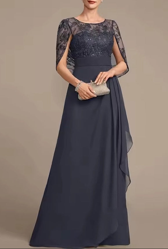 Vestido de noite em chiffon com capa de renda | Vestido adornado para a mãe da noiva