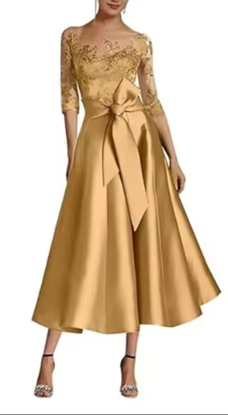 Spitzenapplikation Satin Midikleid | Halbarm Festliches Kleid mit Auffälliger Schleife