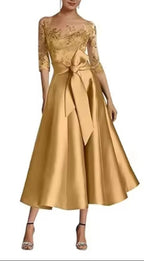 Spitzenapplikation Satin Midikleid | Halbarm Festliches Kleid mit Auffälliger Schleife