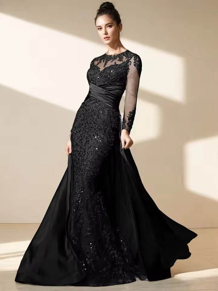 Vestido de noite sereia em cetim com aplicação de renda | Vestido formal transparente de mangas compridas com sobre-saia