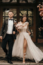 Ivory A-Line Sleeveless Sweep Train Wedding Dress With Sequins
