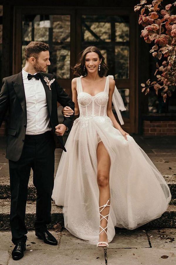 Ivory A-Line Sleeveless Sweep Train Wedding Dress With Sequins