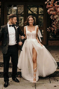 Ivory A-Line Sleeveless Sweep Train Wedding Dress With Sequins