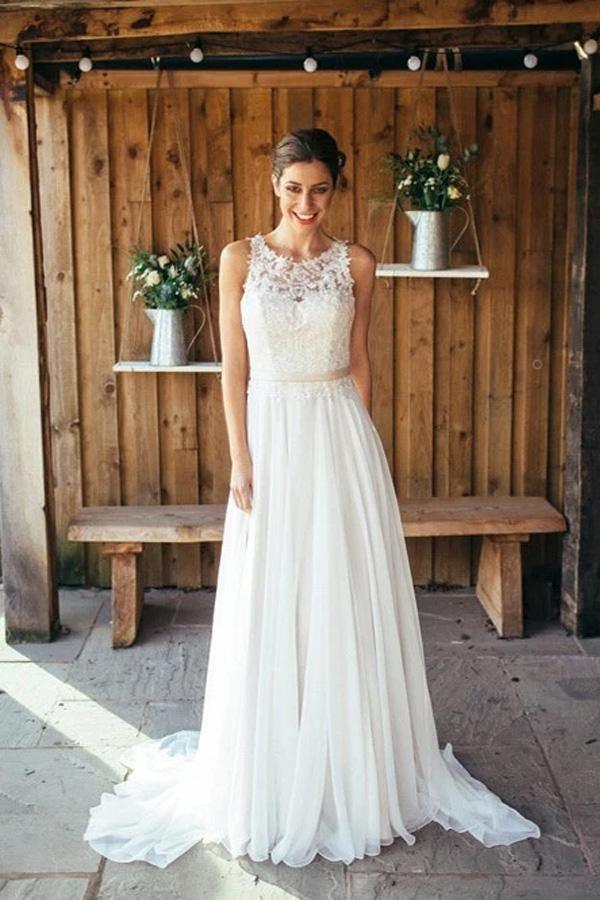 Elfenbein Strand Brautkleid Spitze Boho Brautkleid mit Schleppe