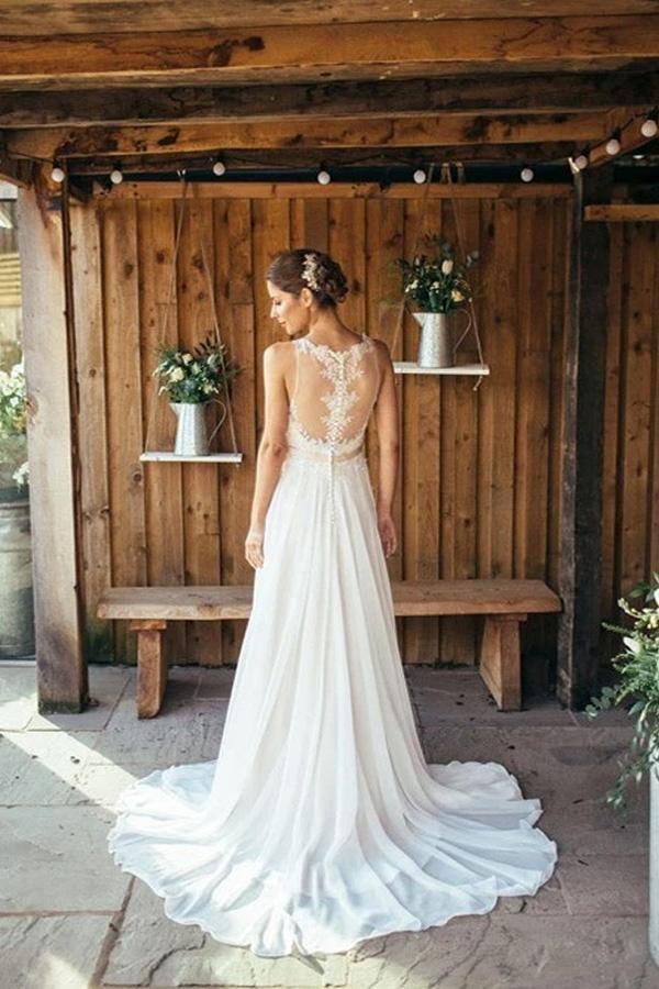 Elfenbein Strand Brautkleid Spitze Boho Brautkleid mit Schleppe