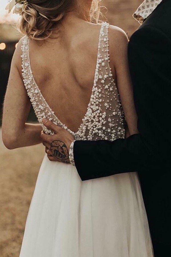 Vestidos de novia de playa color marfil, vestido de novia transparente con cuentas de perlas