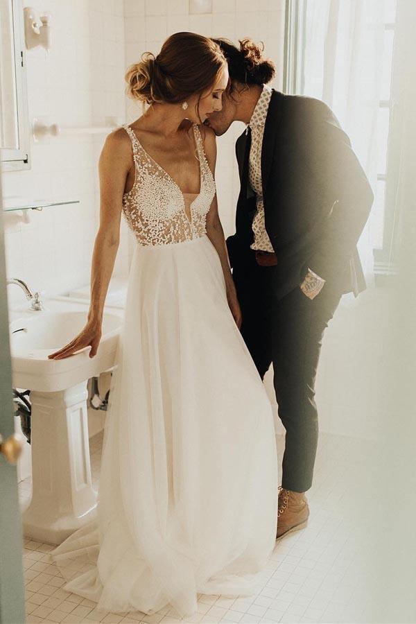 Vestidos de novia de playa color marfil, vestido de novia transparente con cuentas de perlas