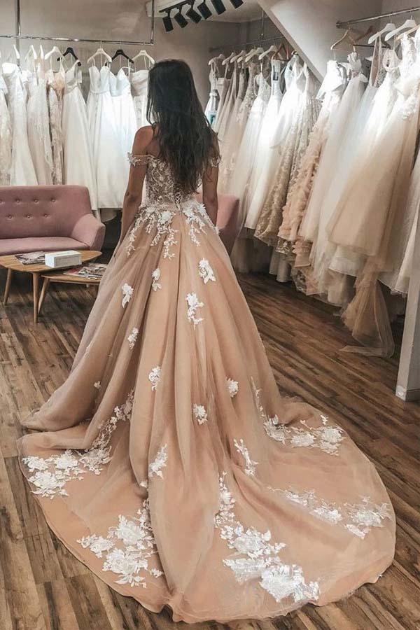 Ivory Lace Appliqued Champagne Off Shoulder Wedding Gowns Court Train