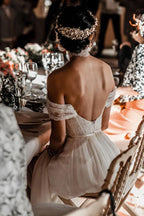 Ivory Lace Off The Shoulder Backless Chiffon Split Wedding Dresses