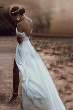Ivory Lace Off The Shoulder Backless Chiffon Split Wedding Dresses