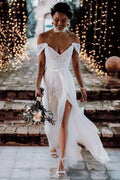 Ivory Lace Off The Shoulder Backless Chiffon Split Wedding Dresses
