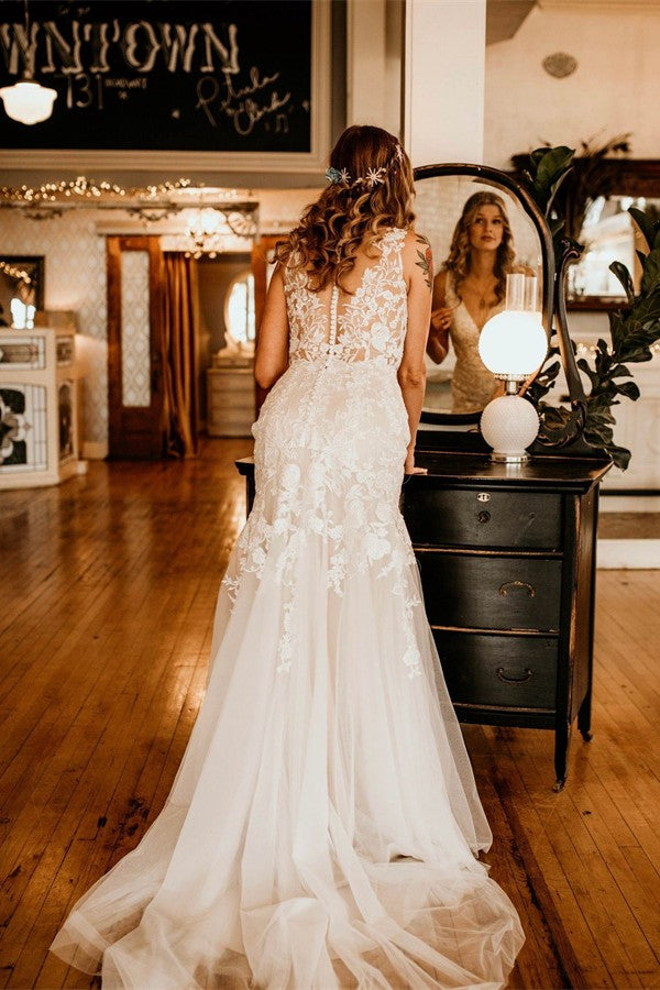 Vestido de Noiva Marfim Longo Sereia com Decote em V, Alças, Tule e Renda com Folhos