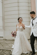 Ivory Sleeveless A Line Wedding Dress With Flowing Chapel Train