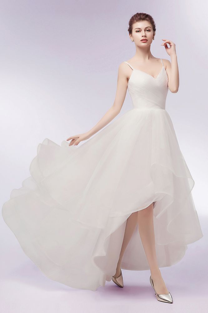Ivory Sweetheart A-line Hi-lo Spaghetti Tulle Wedding Dresses with Ruffles
