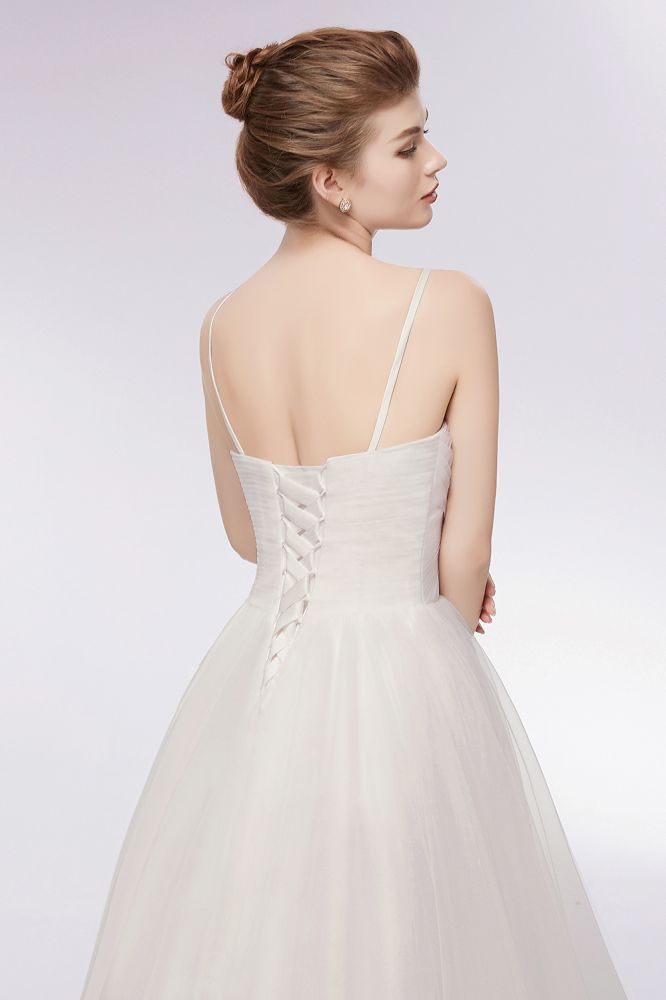 Ivory Sweetheart A-line Hi-lo Spaghetti Tulle Wedding Dresses with Ruffles