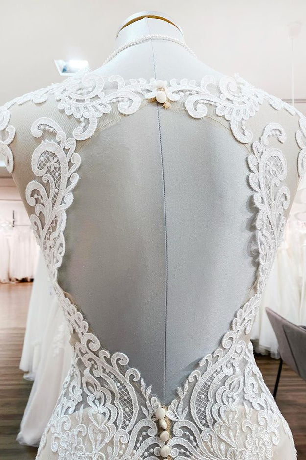 Ivory Sweetheart Lace Mermaid Wedding Dress With V Neck Backless Train